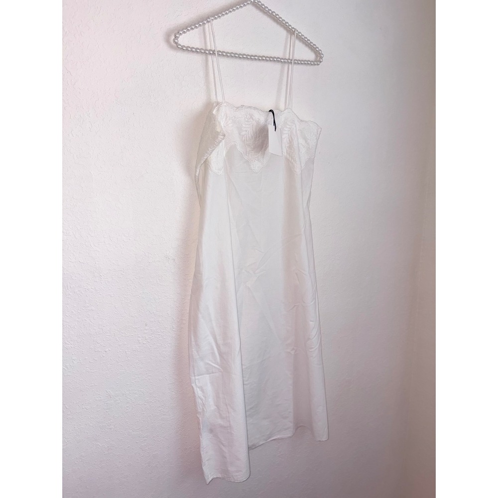 Zara Linen Midi Dress medium White New Embroidered Scallop Spaghetti Strap - Picture 5 of 16